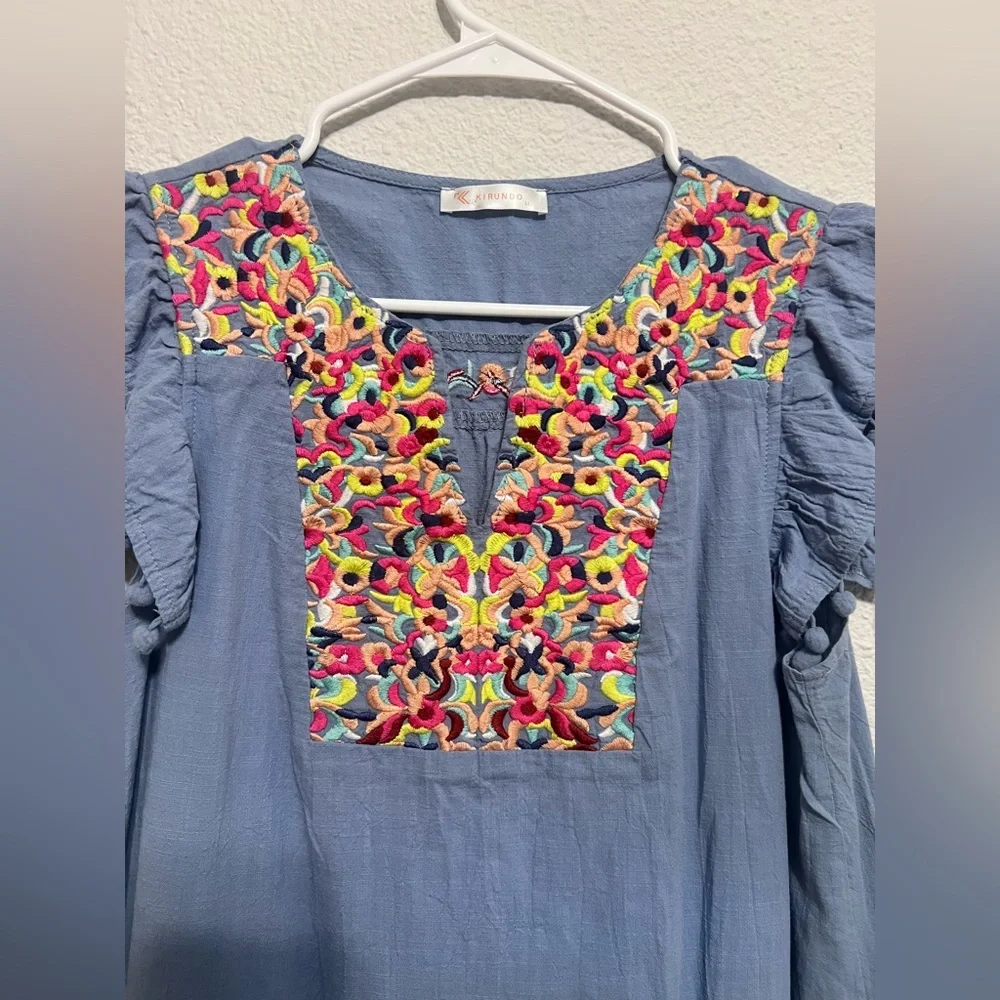 Blue Ruffled Sundress with Embellished Crew Neck - Picture 3 of 7